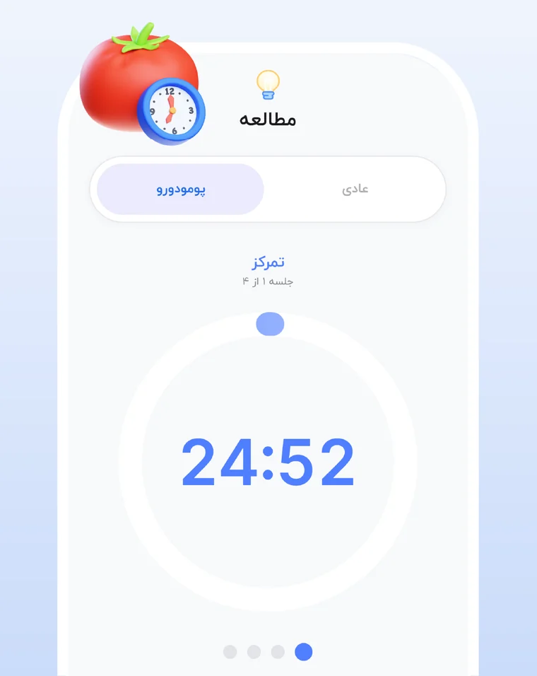 تایمر پومودورو با شمارش معکوس ۲۴:۵۲ و جلسه‌ی ۱ از ۴